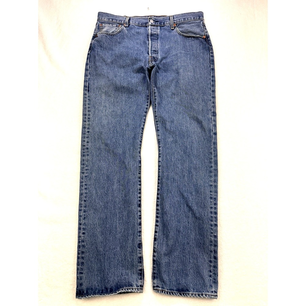 Levis 501 Jeans Mens 36x34 Blue Distressed Denim Straight Leg Button Fly